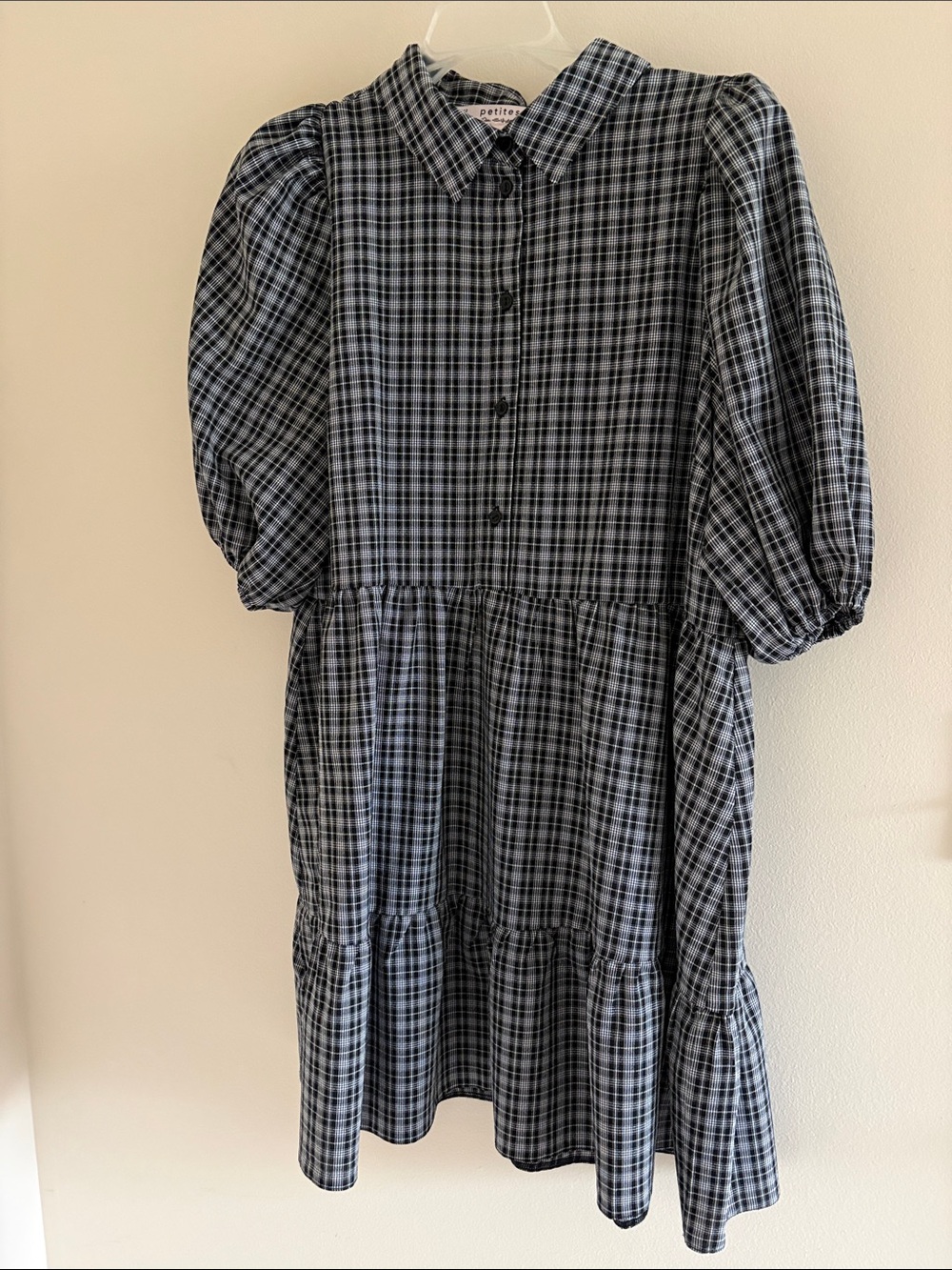 Miss Selfridge Black and Blue Plaid Puff-Sleeve Mini Dress